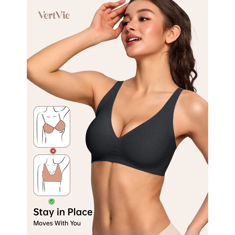 Vertvie Women's Black Jelly Wireless Bras Push Up Plunge Seamless T-shirt No XL